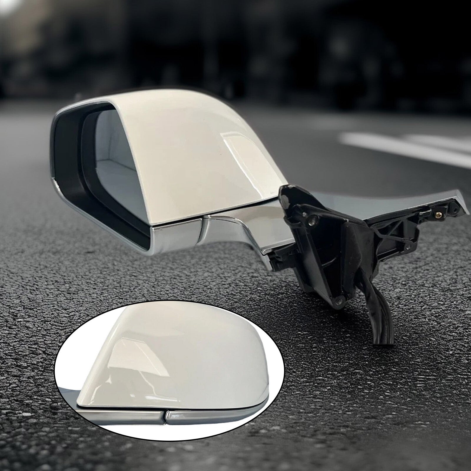 White left driver's mirror suitable for Tesla Model 3 2017, 2018, 2019, and 2020 models with heated and folding power windows.