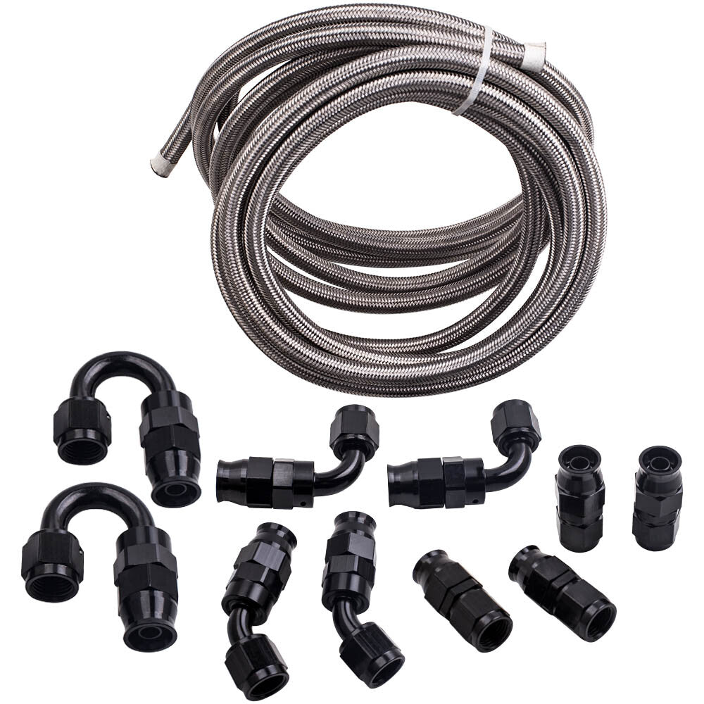 PTFE fuel line hose 6AN 3/8 inch connector kit, braided nylon, stainless steel, oil and gas fitting.