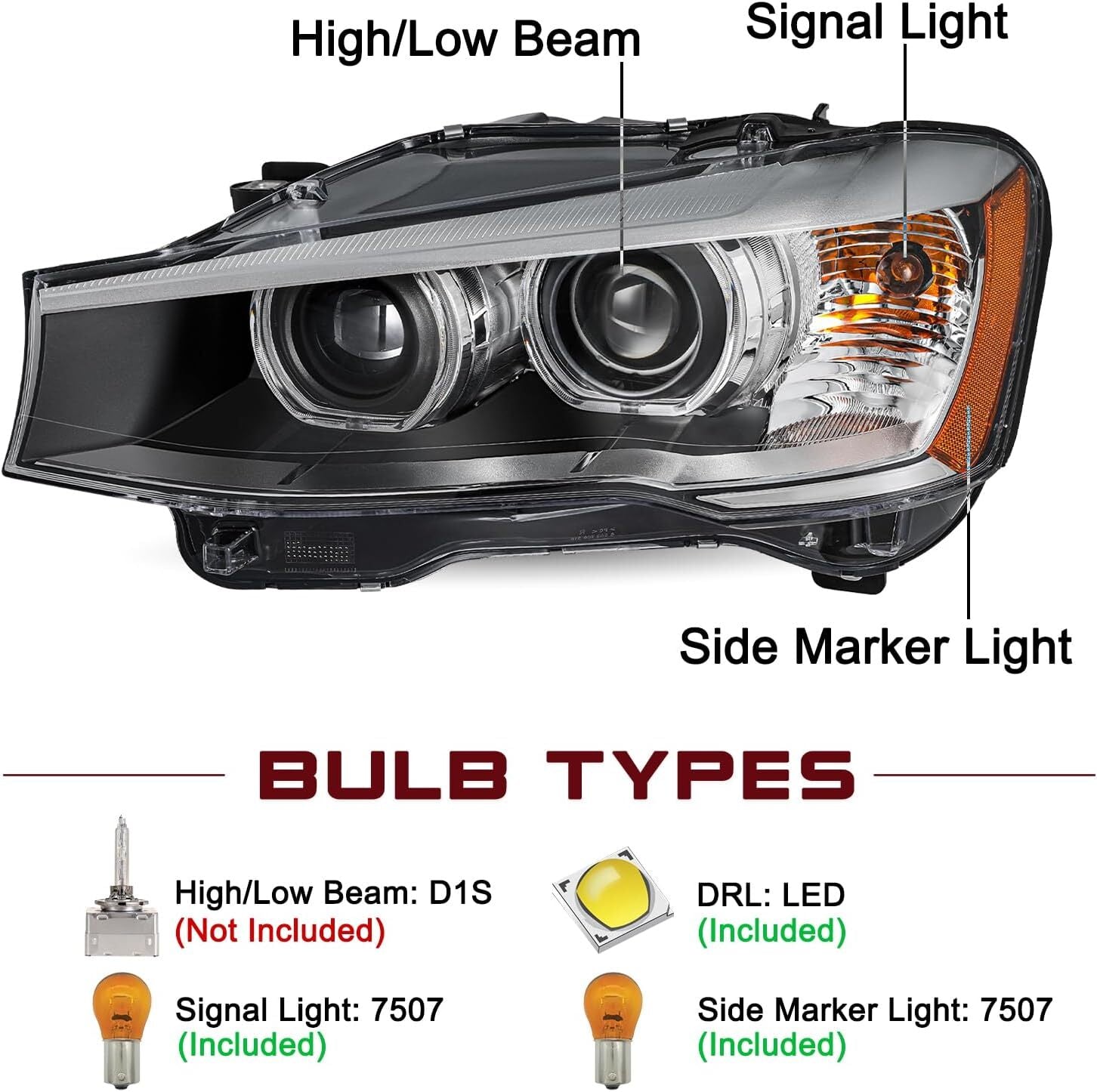 [HID w/o AFS] For 2015-2017 for BMW X3/X4 LED DRL Driver Side Projector Headlight LH