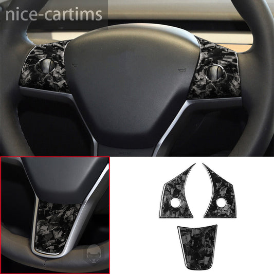 for Tesla Model 3 / Y 2017-23 Forged Carbon Fiber Steering Wheel Panel Trim 3Pcs
