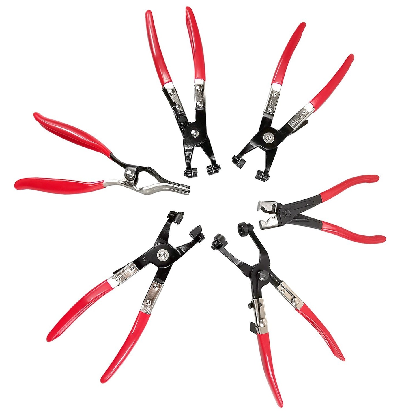 9-piece set of automotive fuel and water hose installation tools, flexible locking hose clamps and pliers.