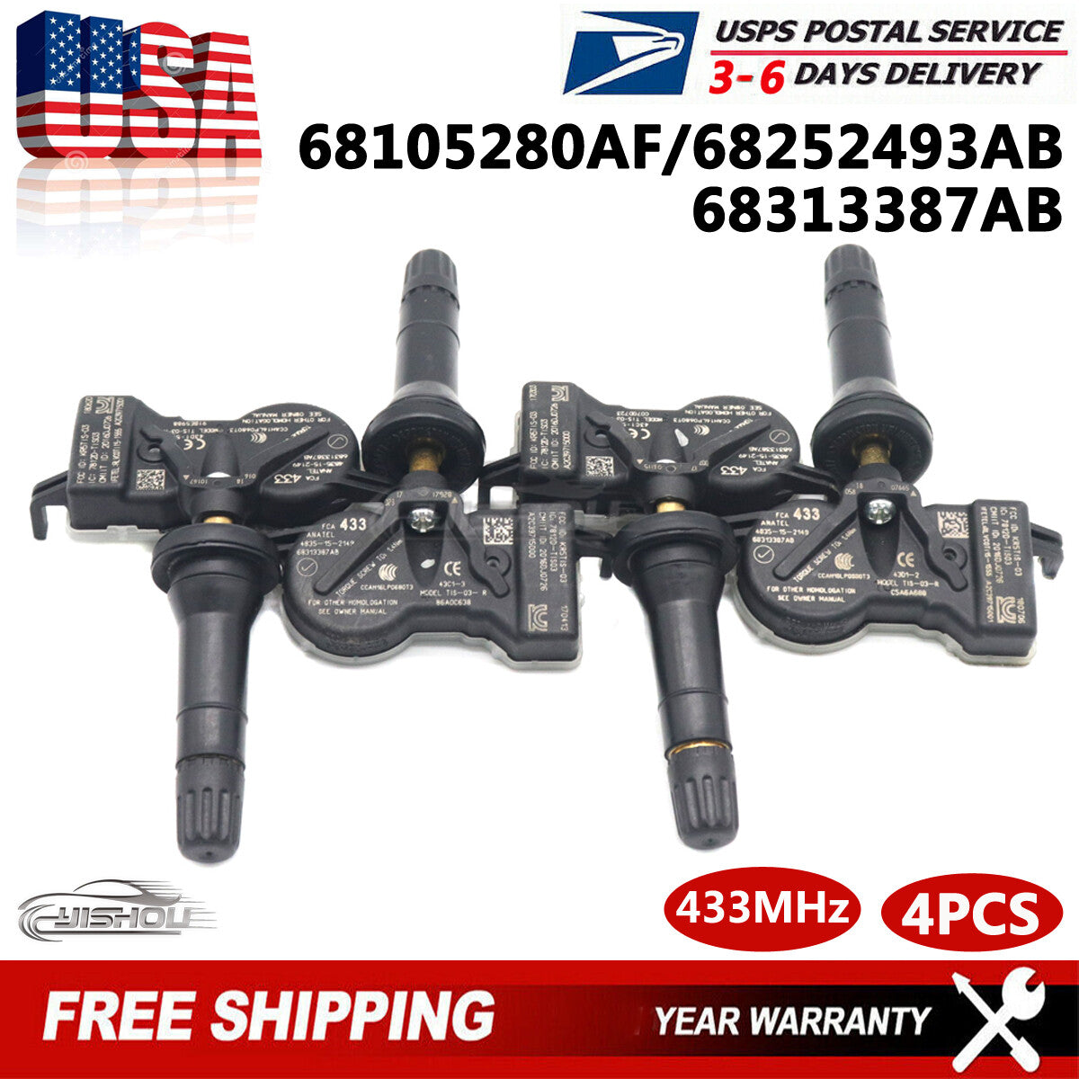 4x 68313387AB Tire Pressure Sensor TPMS For 2016-2021 for Jeep Renegade for Fiat 500X