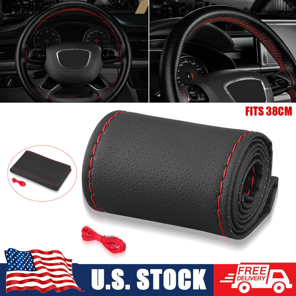 DIY 15 Leather Car Steering Wheel Cover Needle Thread NonSlip Black Universal