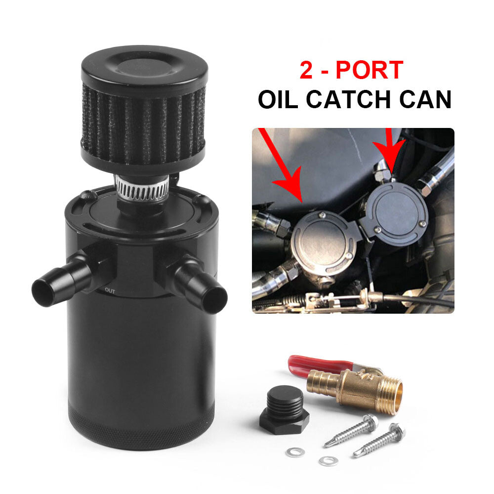 Universal 2-Port Oil Catch Can Tank Reservoir With Drain Valve Breather Filter