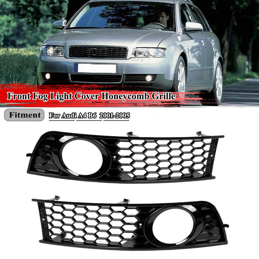 A pair of front bumper fog light grille protectors in gloss black for Audi A4 B6 2001-2005.