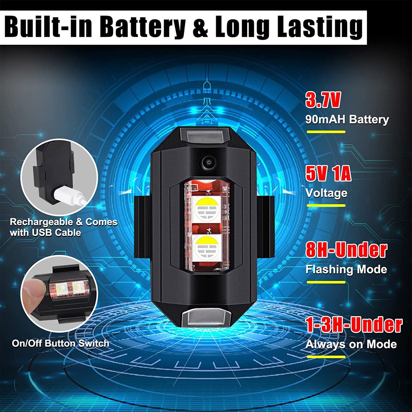 6PC. 7COLORS LED AIRCRAFT STROBE LIGHTS USB CHARGING MOTORBIKE WARNING LIGHT NEW
