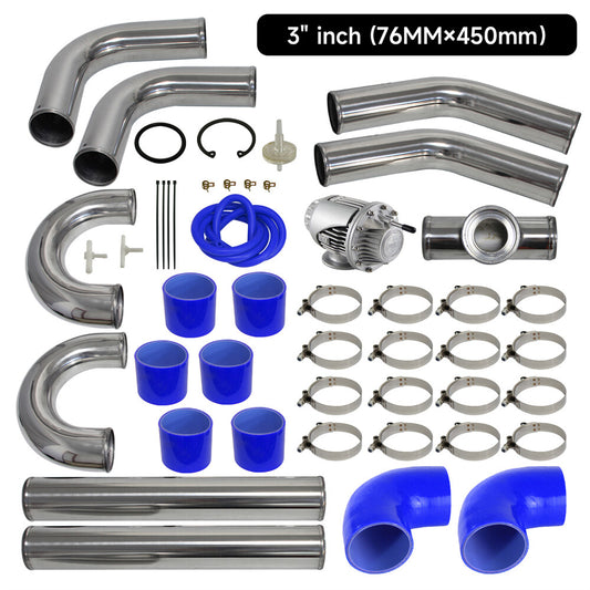 3 76mm Universal Intercooler Piping Kit + BOV Turbo Blow Off Valve Kit Blue