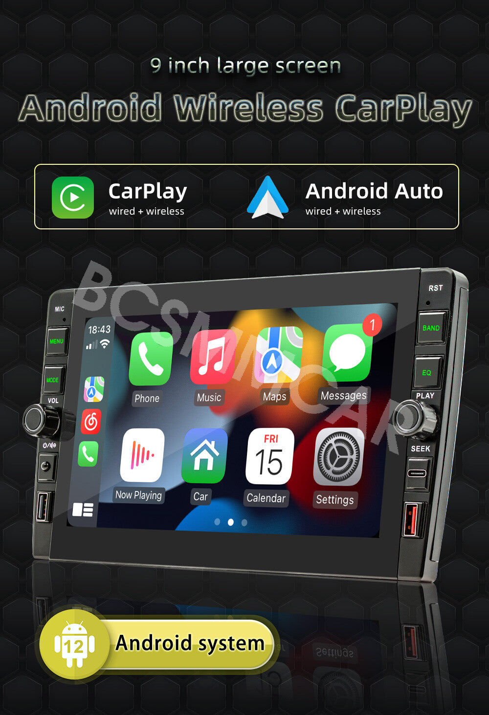8in 2Din Car Stereo Radio Player Bluetooth FM For Apple Carplay Android Auto