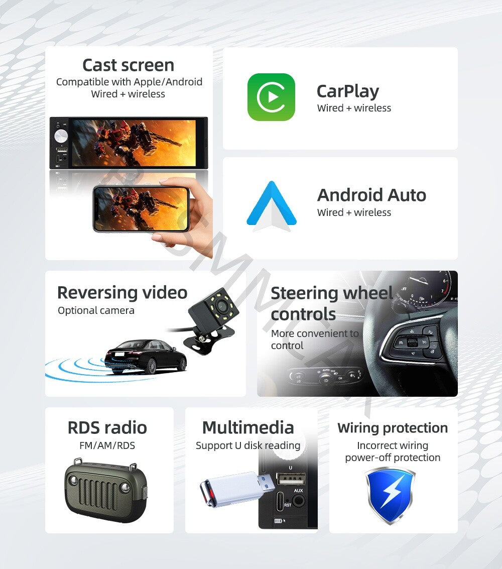 Single 1Din 6.36in Touch Screen Car Stereo Bluetooth Radio For Apple Carplay FM
