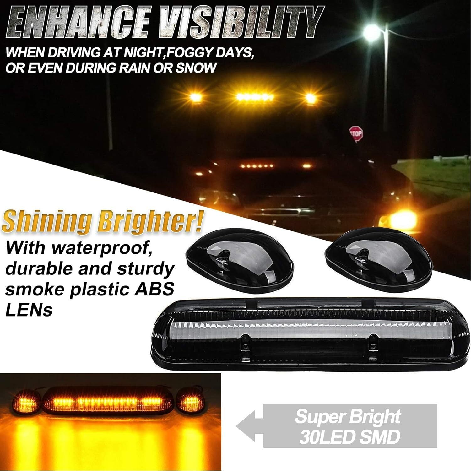 3pcs Amber For 2002-2007 Silverado for Sierra Smoke LED Cab Roof Top Marker Lights