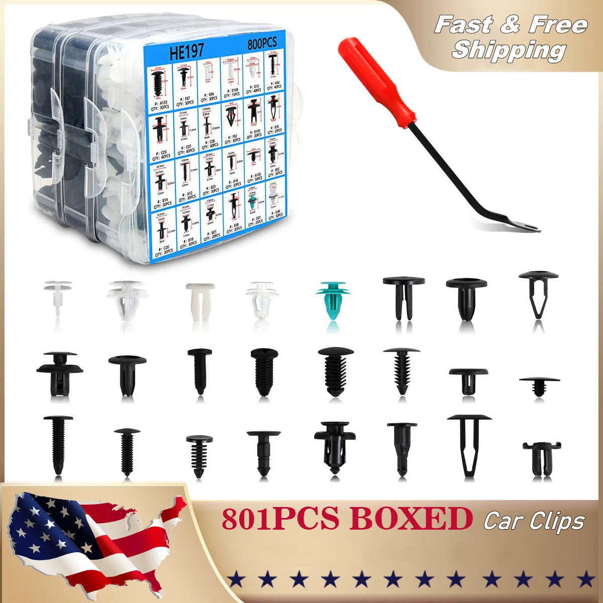 821-piece car fastener kit with decorative plastic clips, rivets, and bumper fasteners.