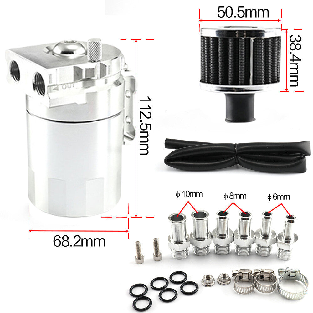 1Silver Oil Catch Can Kit with Breather Filter Reservoir Baffled Tank Aluminum