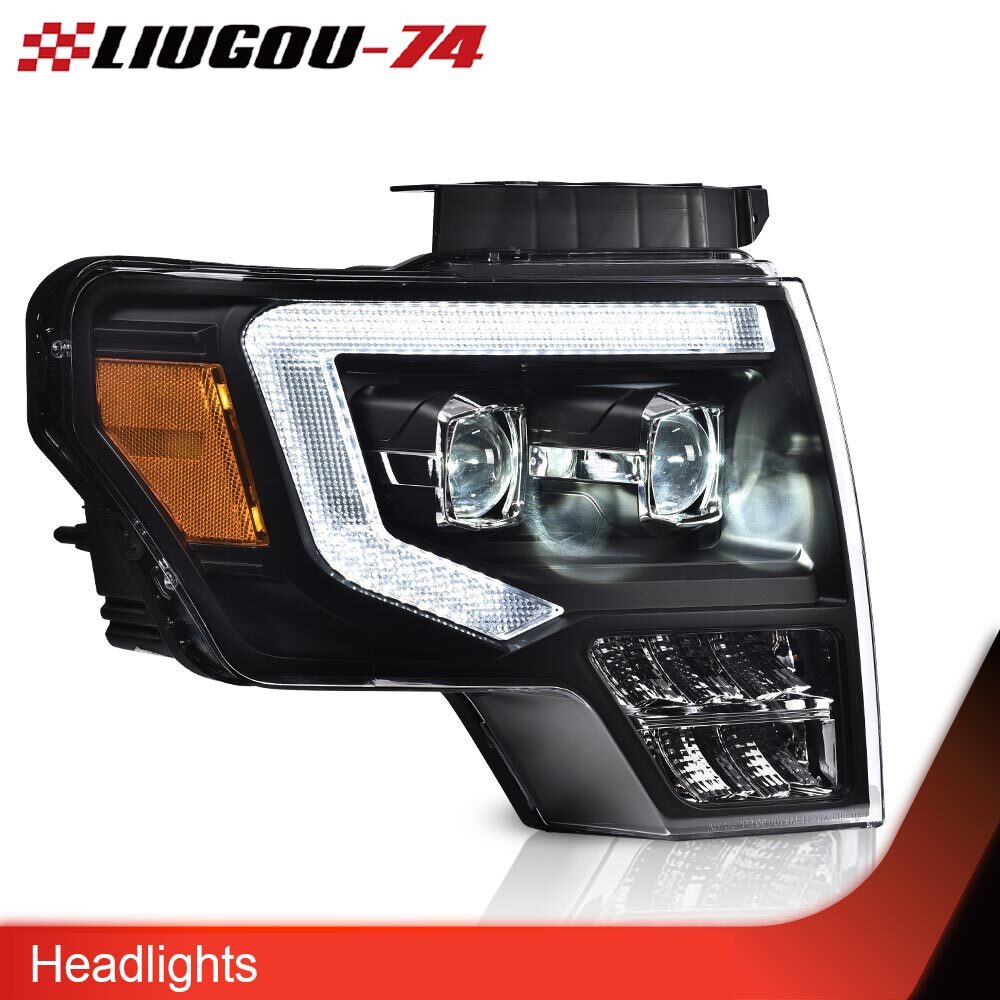 Fit For [Halogen] 2009-14 for Ford F150 Dual LED DRL Tube Projector Headlights (Black)