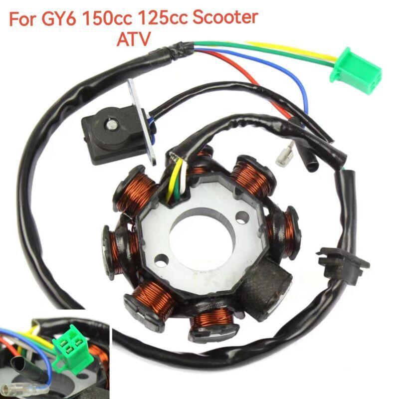 8-pole DC ignition stator magnetic coil generator suitable for GY6 150cc and 125cc scooters.