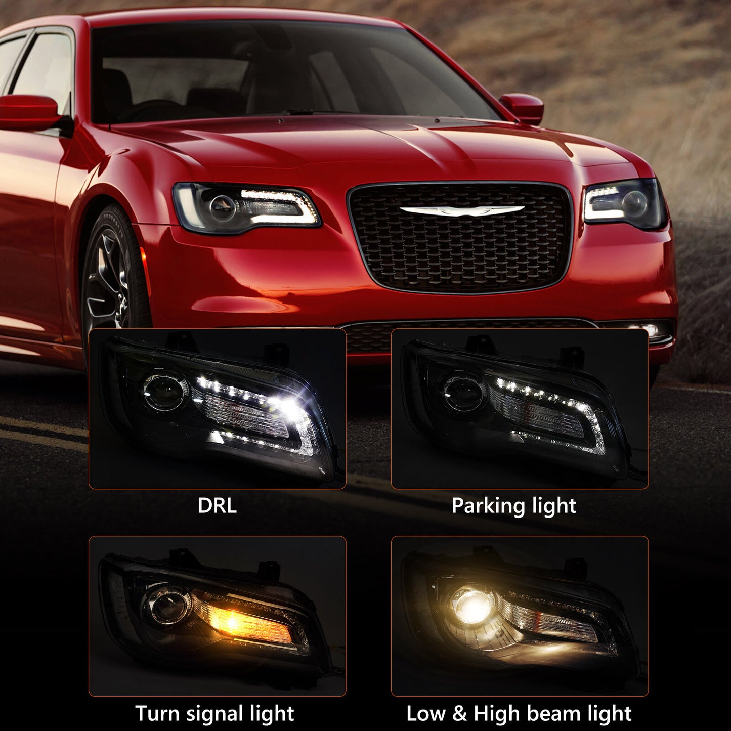 Passenger For 2015-2023 for Chrysler 300 Black Halogen LED DRL Headlight Lamp Right