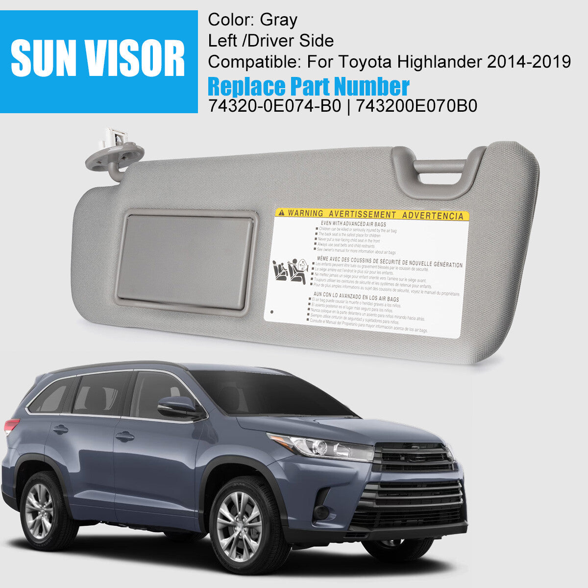 LH Sun Visor Gray Left Driver Side With Vanity Light for Toyota Highlander 14-19
