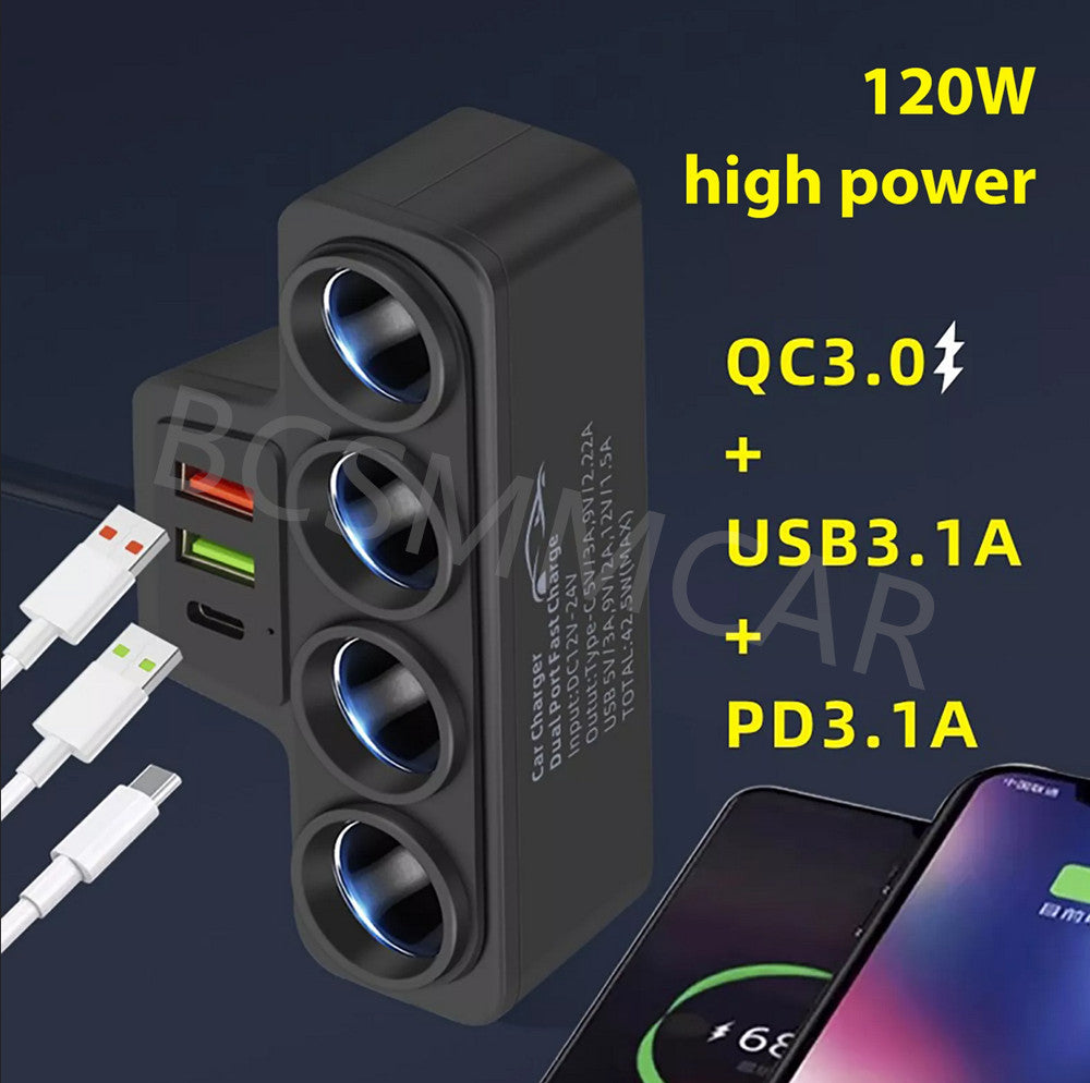 4 Way Charger Adapter Multi Port USB PD Car Cigarette Lighter Socket Splitter