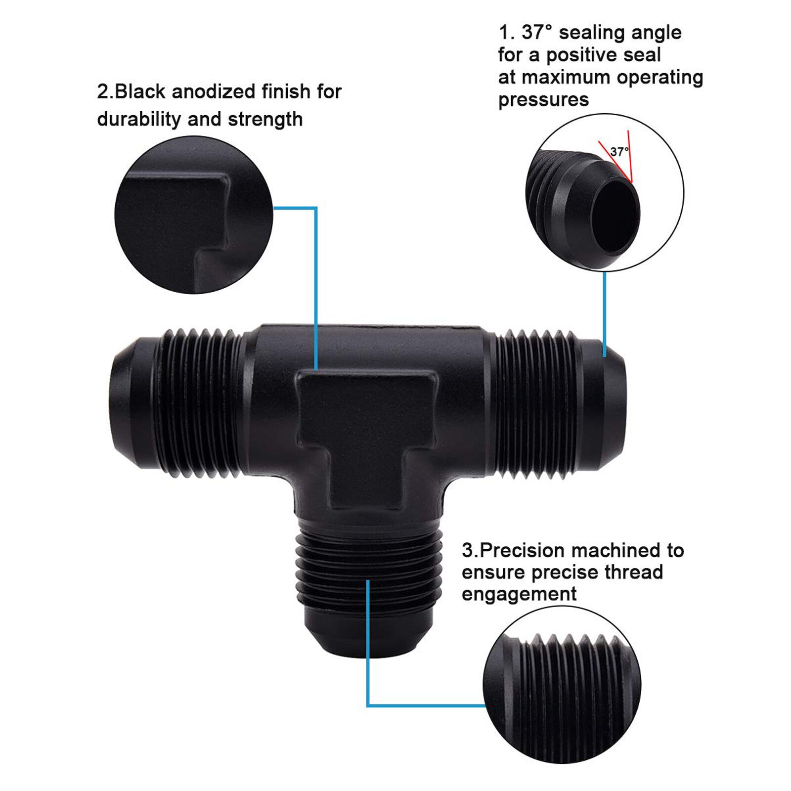 3-Way Tee T-Piece Fitting Adapter AN6 6-AN Male to 2X AN6 6-AN Male BLACK