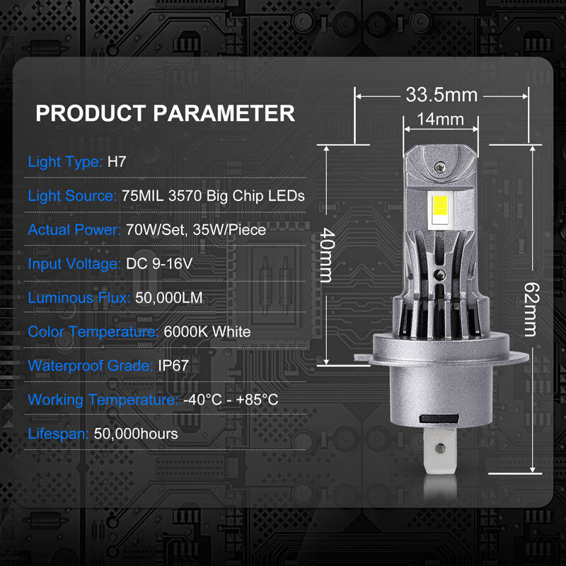 H7 LED Headlight Bulb 70W 50000LM High Power Bright 6000K White High Low Beam