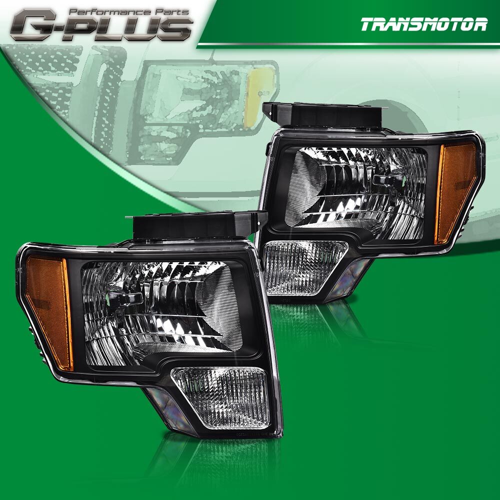 A pair of black factory-style lens headlights for 2009-2014 for Ford F-150s: Left + Right