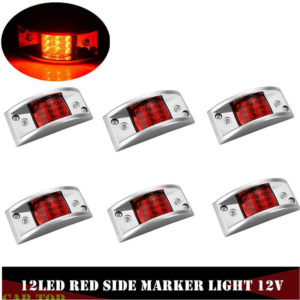 6x Red Side Marker Lights 12LED Sealed Chrome Clearance Lights for Truck Trailer