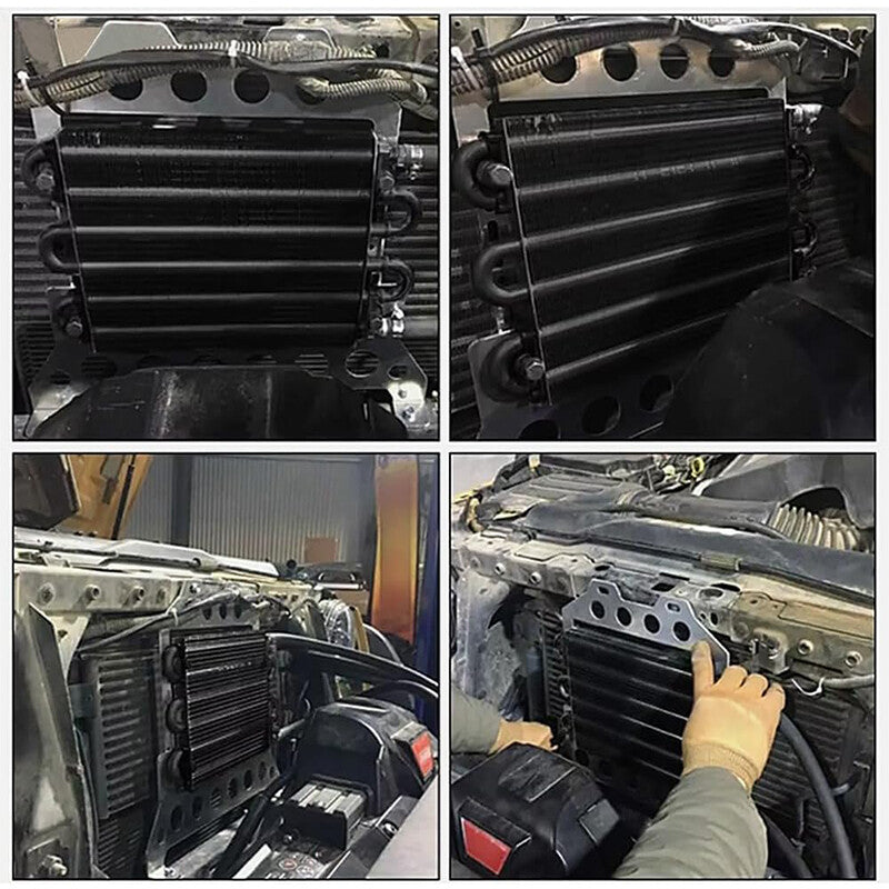 Universal 5/16-inch Transmission Oil Cooler Kit with 4-line/4-pass pipes and fins in silver.