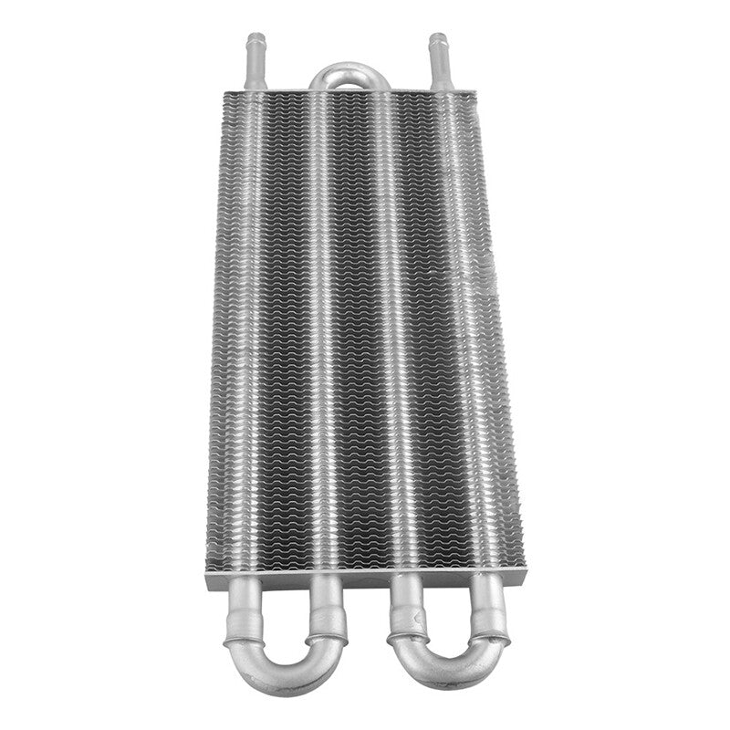 Universal 5/16-inch Transmission Oil Cooler Kit with 4-line/4-pass pipes and fins in silver.