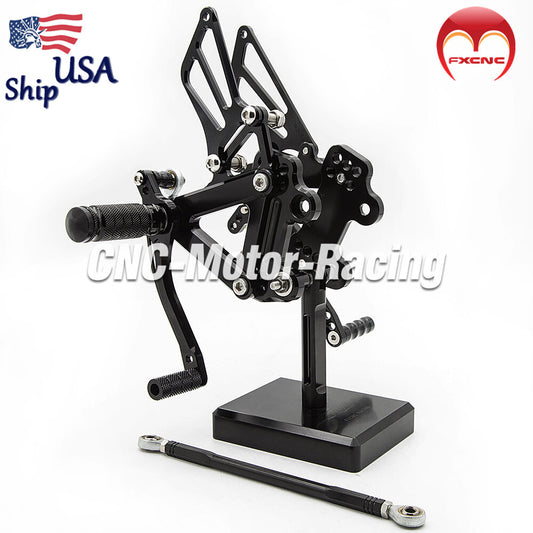 CNC geared footstool with foot spikes and pedals suitable for Kawasaki ZZR600 motorcycles manufactured in the in 2005, 2006, 2007, and 2008.
