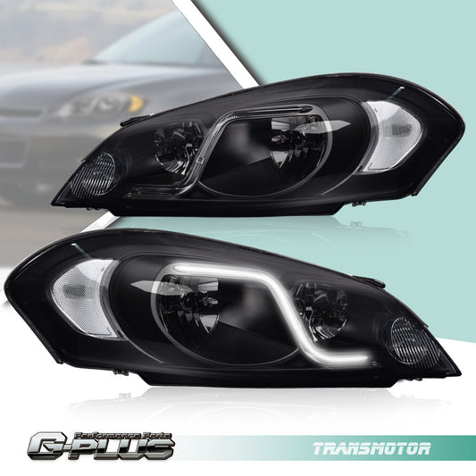Suitable for 2006-2016 for Chevrolet Impala headlights with LED DRLs, black/smoky finish.