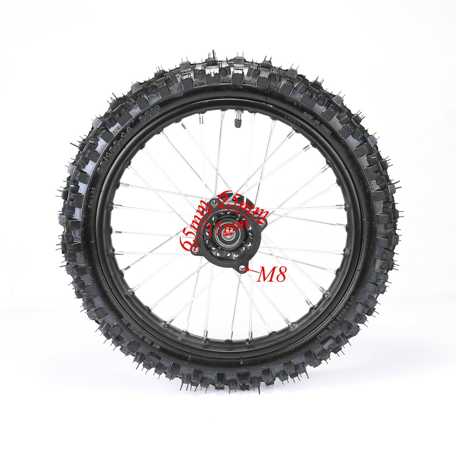 1.4x14 inch front wheel, 60/100-14 tire, rim + brake disc, Apollo RFZ 110 BBR bicycle.