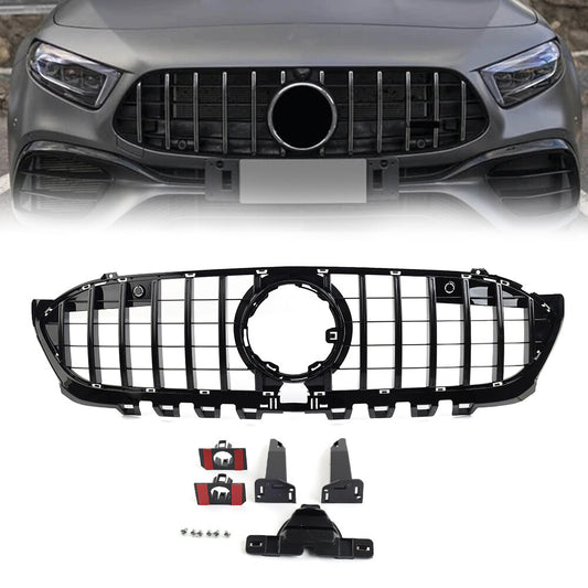 GTR Style Front Bumper Hood Radiator Grille Black for Mercedes A Class 2019-2023