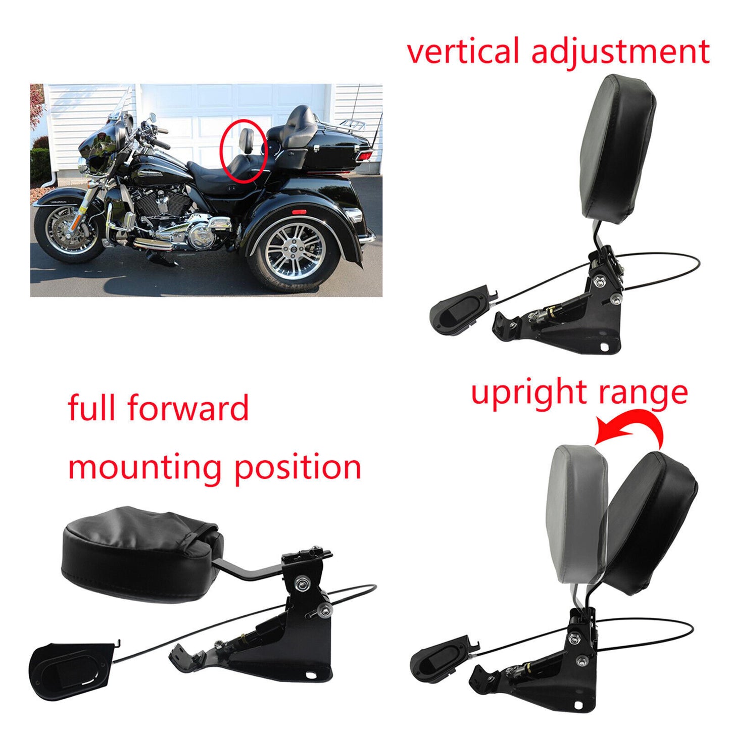 Rider Adjustable Backrest w/ Mounting Kit Fit for Harley Touring Glides 2009-23