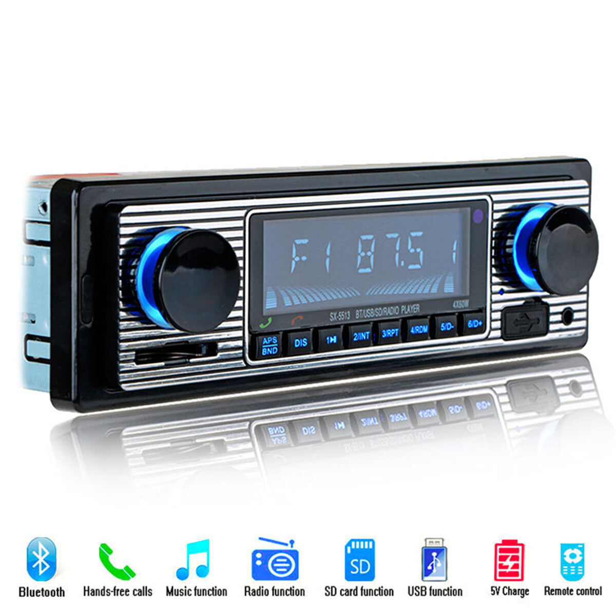 Bluetooth Vintage Car FM Radio MP3 Player USB Stereo Audio Receiver AUX 1 Din