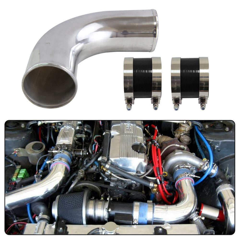 76mm 3'' 90Deg Aluminum Intercooler Turbo Intake Air Pipe Tube + Silicone Hoses