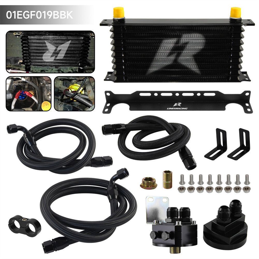 10 Row AN10 Oil cooler Trust w/Bracket+Filter Relocation Adapter Hose Kit Black