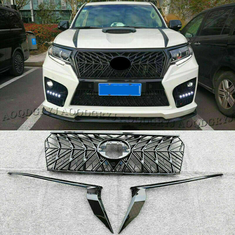 3Pcs Glossy Black TRD Front Bumper Grilles Mesh for Land Cruiser Prado 2018-2021