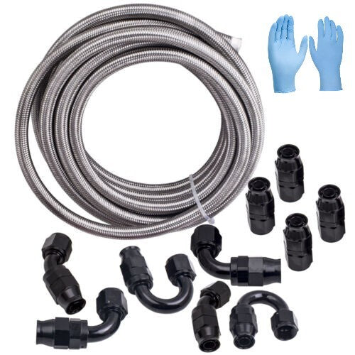 6AN - AN6 Black 5/16 inch Nylon Fittings for E85 PTFE Fuel Line 20ft 10 Fittings Hose Kit