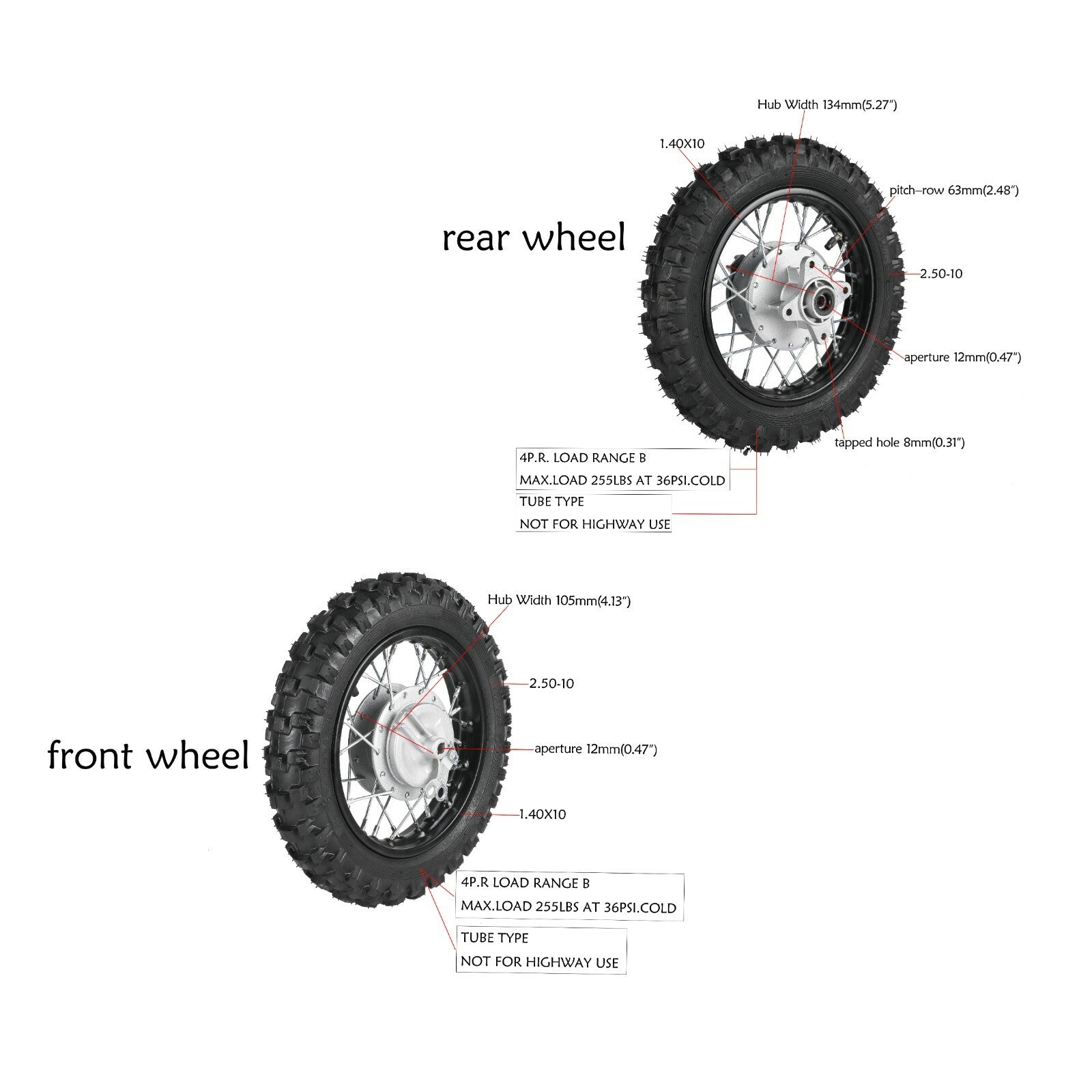 Front and rear wheel 2.50-10 tire rim drum brakes suitable for SSR 70 for Honda CRF50 for Yamaha TTR50