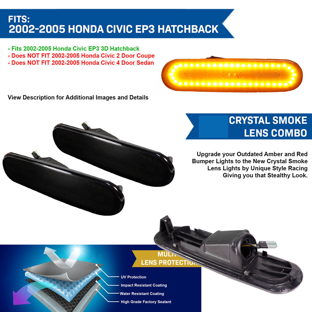 Applicable to 2002-2005 for Honda for Civic Si EP3 3DR Smoked Amber Front Corner Side Marker Lights