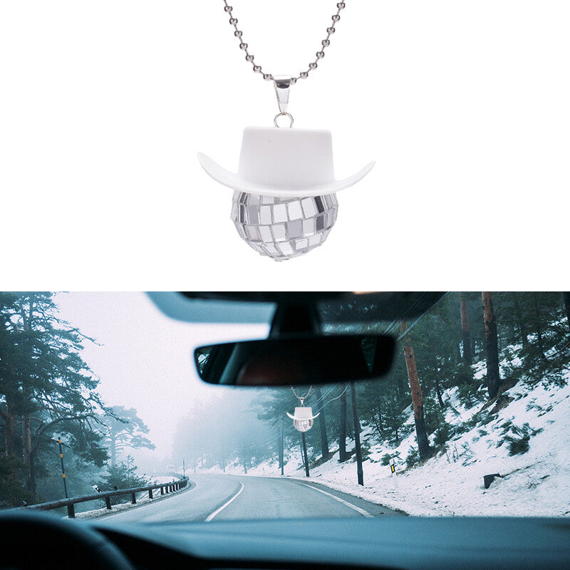 Cowboy Hat Disco Ball Car Ornamen Shiny Rear View Mirror Hanging Acessory White