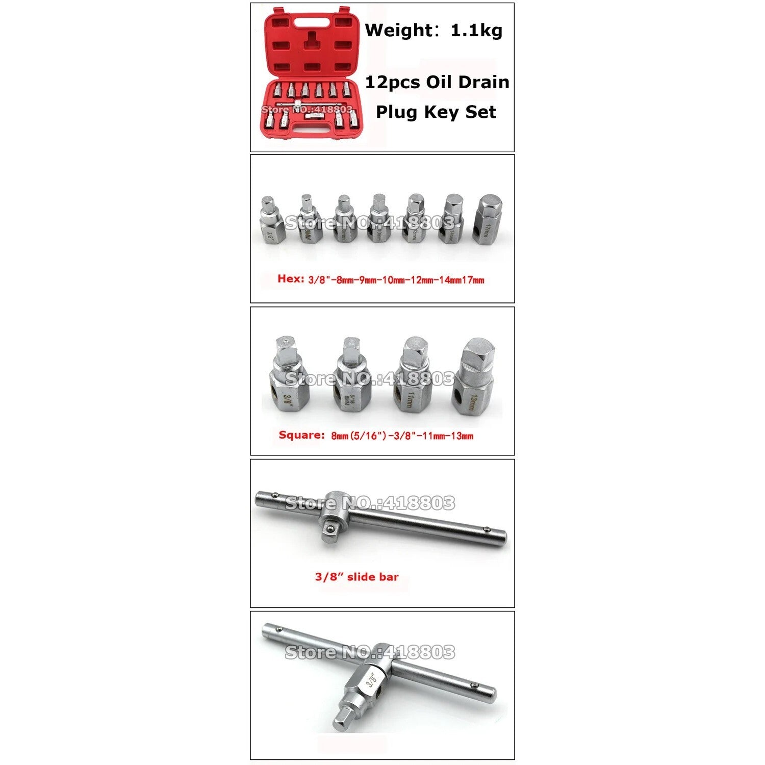 12-Piece Drain Plug Key Socket Set Shaft Oil Pump Wrench 3/8 inch Drive Car