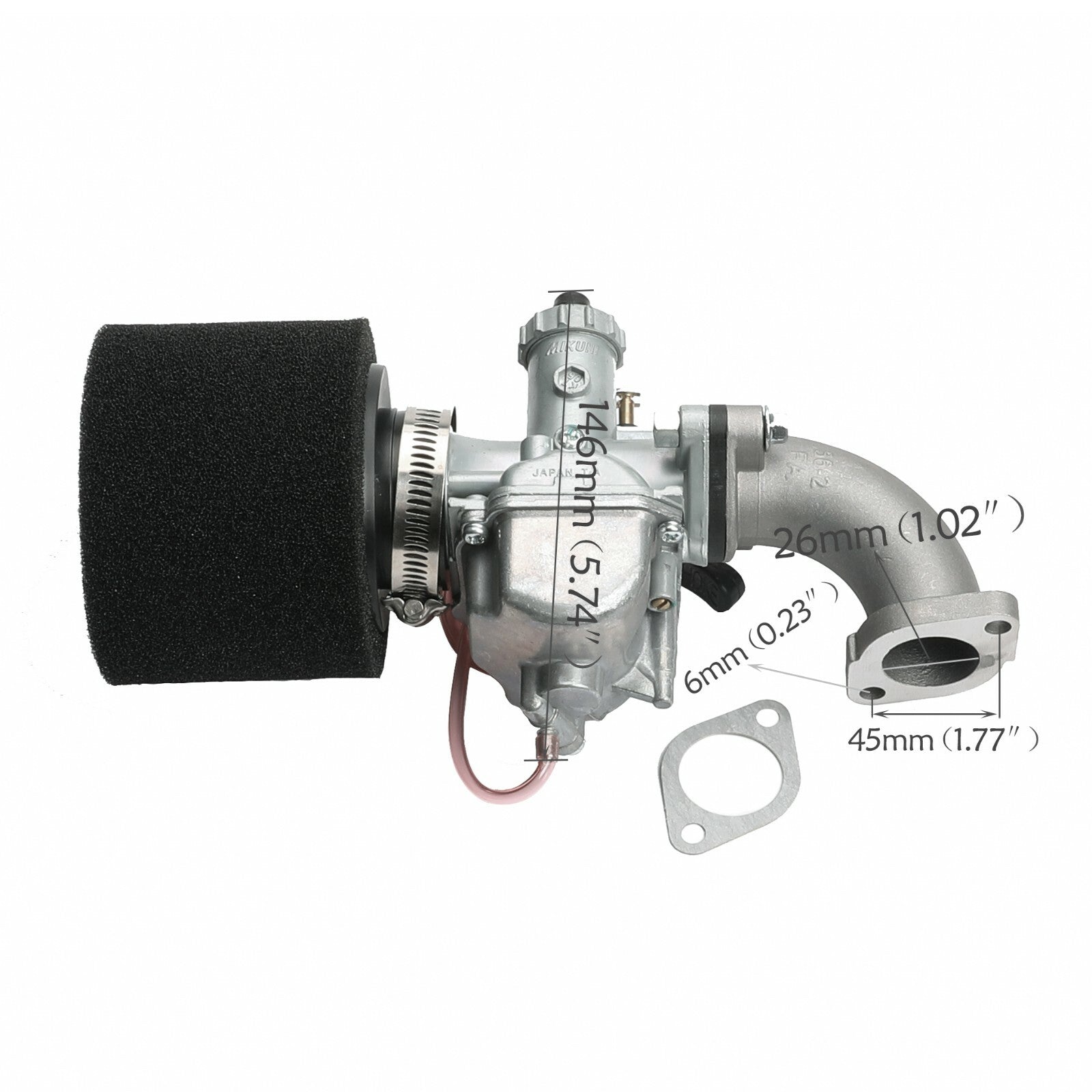 VM22 26mm carburetor and intake manifold suitable for 125cc, 140cc, and 150cc Taodao coolers.