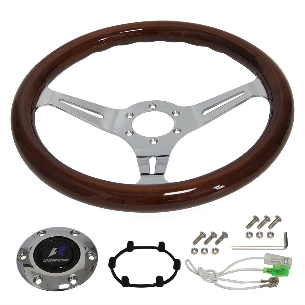 Universal 14 350mm Wood Grain Steering Wheel 6 Bolts 1.75 Dish 3-Spoke Wood