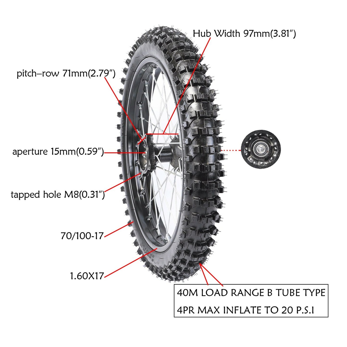 17-inch complete large wheel kit, 70/100-17 tires, rims + fork, 125cc/150cc bicycle.