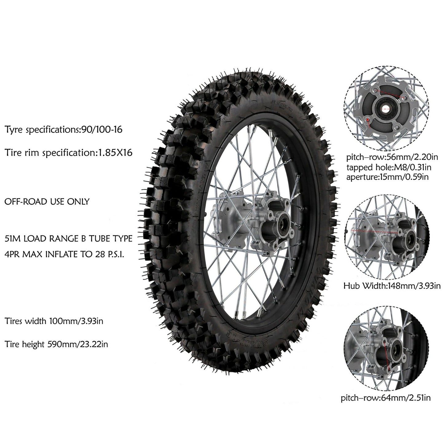 90/100-16 Rear Tire Rim + Brake Disc for Dirt Pit Bikes TTR125 KX100 CRF100