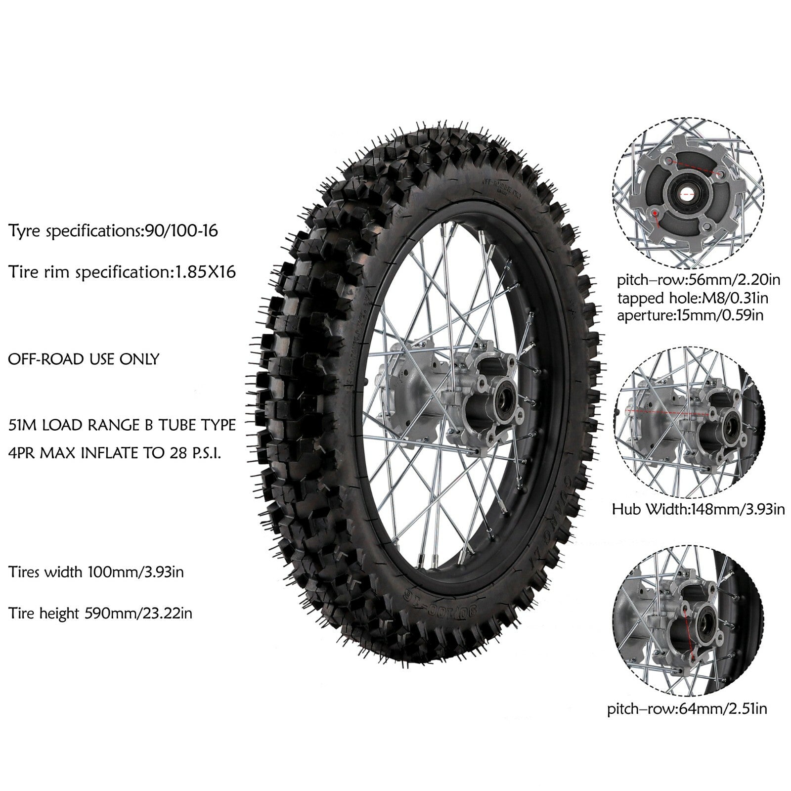 90/100-16 Rear Tire Rim + Brake Disc for Dirt Pit Bikes TTR125 KX100 CRF100
