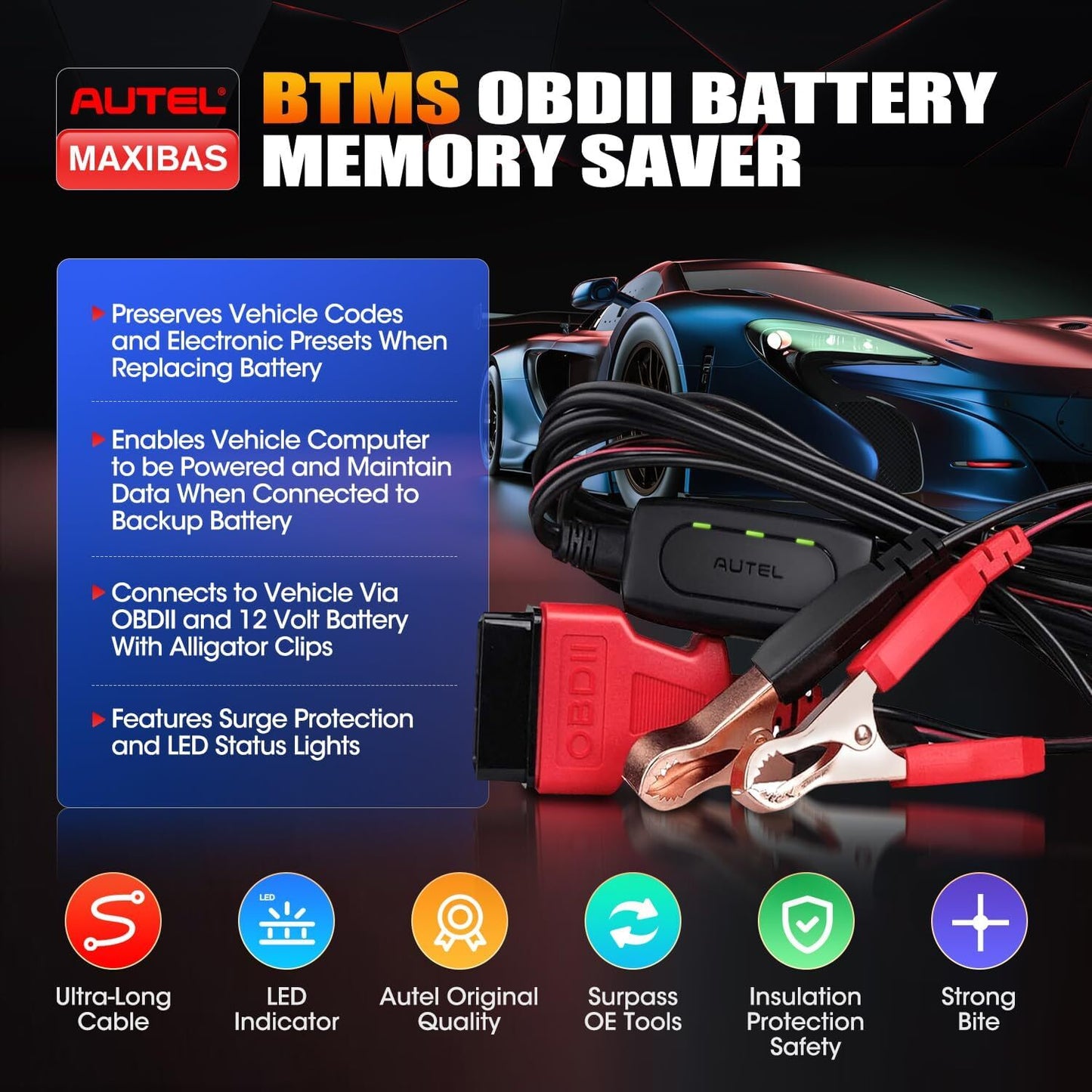 MAXIBAS BTMS OBDII Memory Saver Battery Tester Preserves Vehicle Code 12V