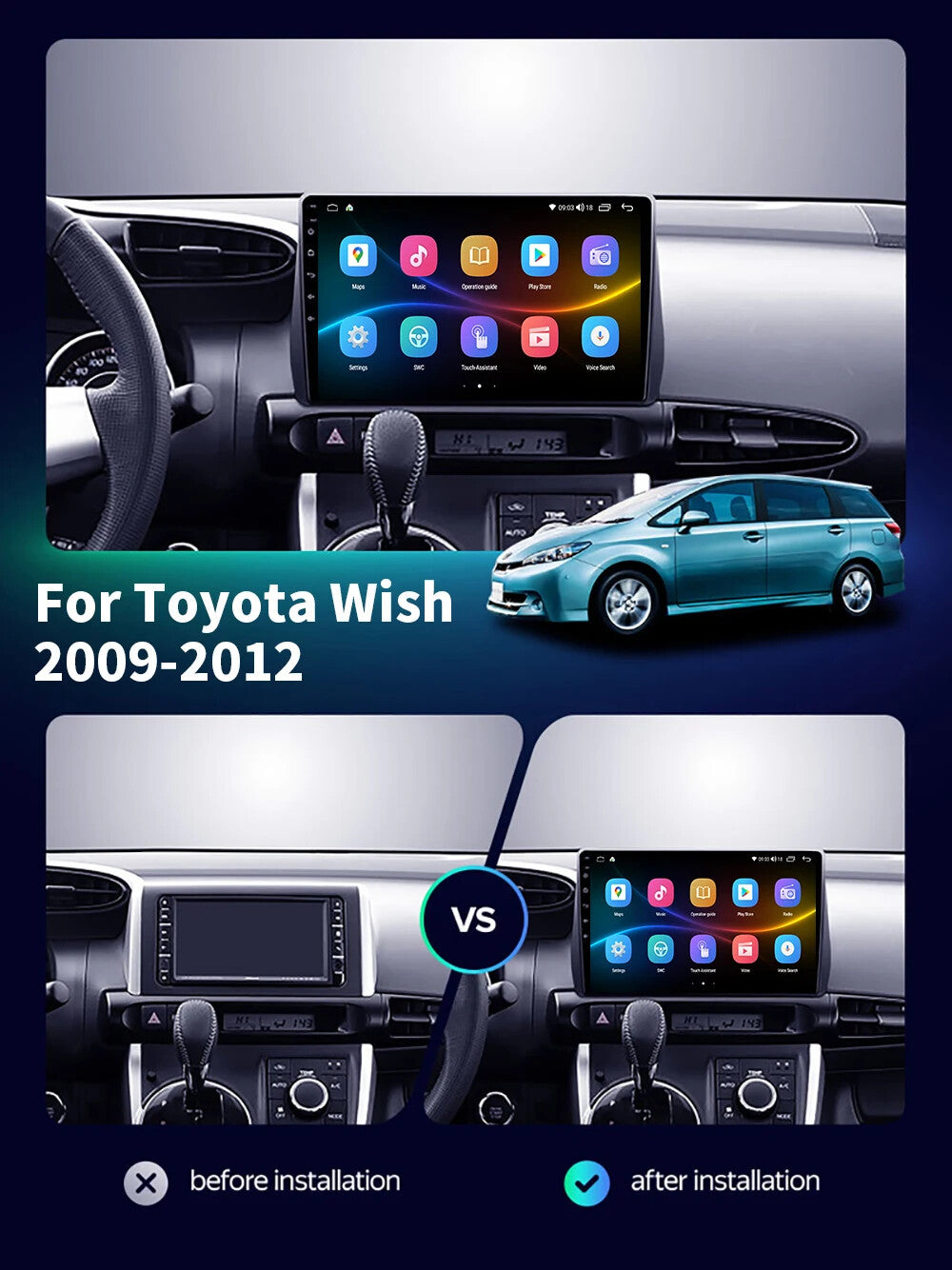 for Toyota Wish 2 XE20 2009-2012 Android Auto CarPlay Car Stereo Radio GPS Navi