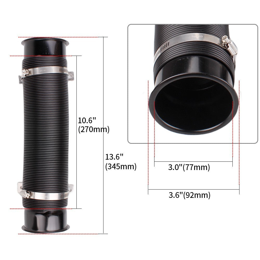3/76mm Black Flexible Car Cold Air Intake Hose Filter Pipe Kit+Red Air Filter