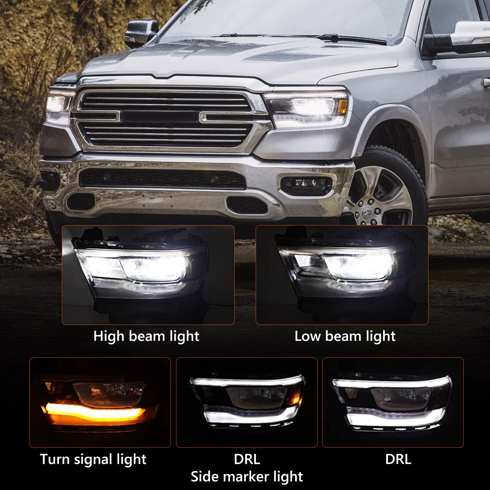 Compatible with for Dodge for RAM 1500 2019-2023 All-LED Reflector Chrome Headlight Driver